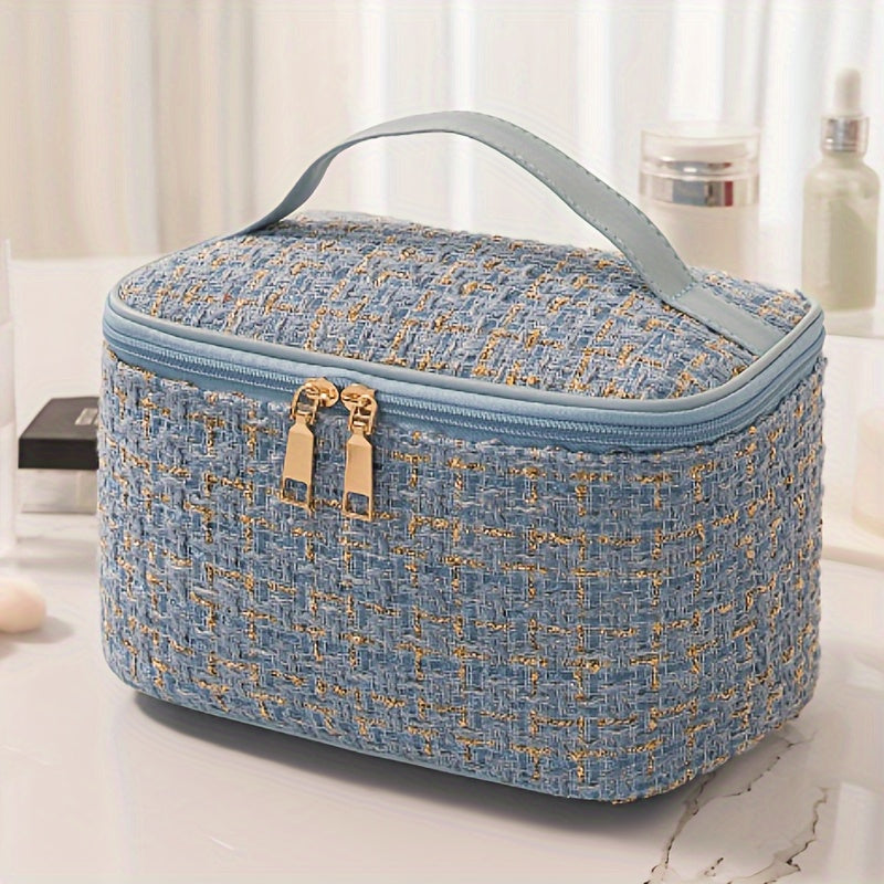 Stylish plaid cosmetic bag with dual compartments in multiple colors, made of polyester, can be hand washed or dry cleaned for travel toiletries.