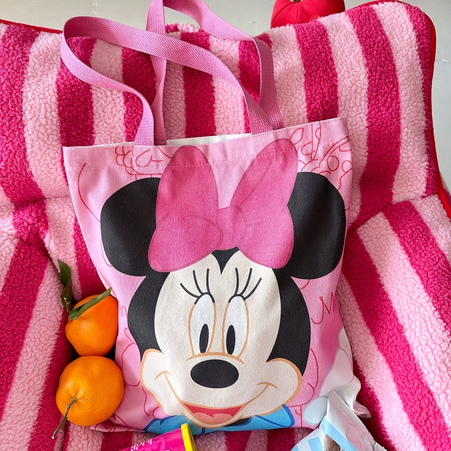 Large capacity Mickey & Minnie Mouse canvas tote bag, featuring an airtight design and rectangle shape. This fashionable shoulder bag for women is perfect for shopping with its fun cartoon print. Ideal for Christmas, Thanksgiving, Valentine's Day, or