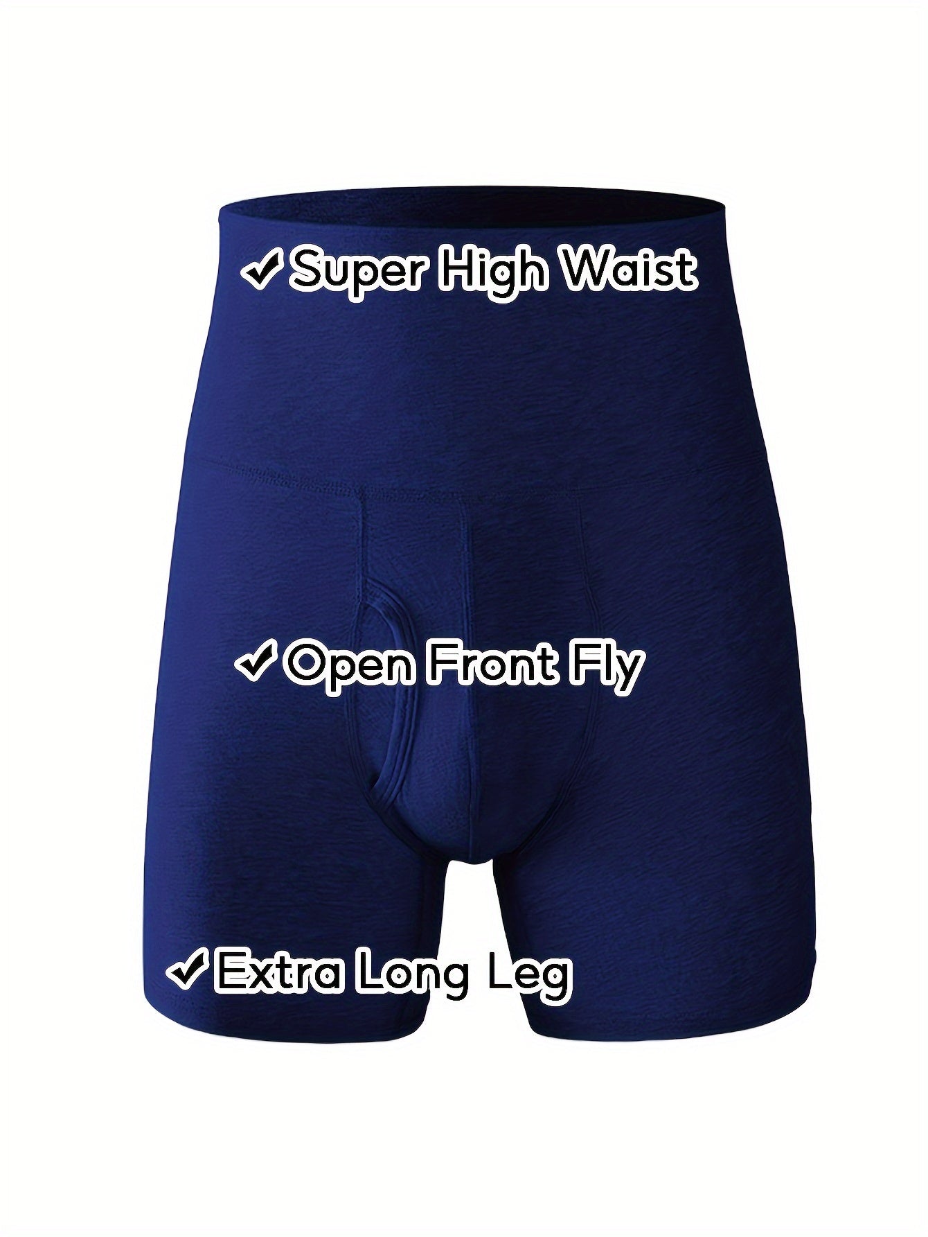 Men's super high-waisted long boxer briefs with front opening, extended leg length, and breathable, soft pure cotton material. Available in black, gray, and royal blue.