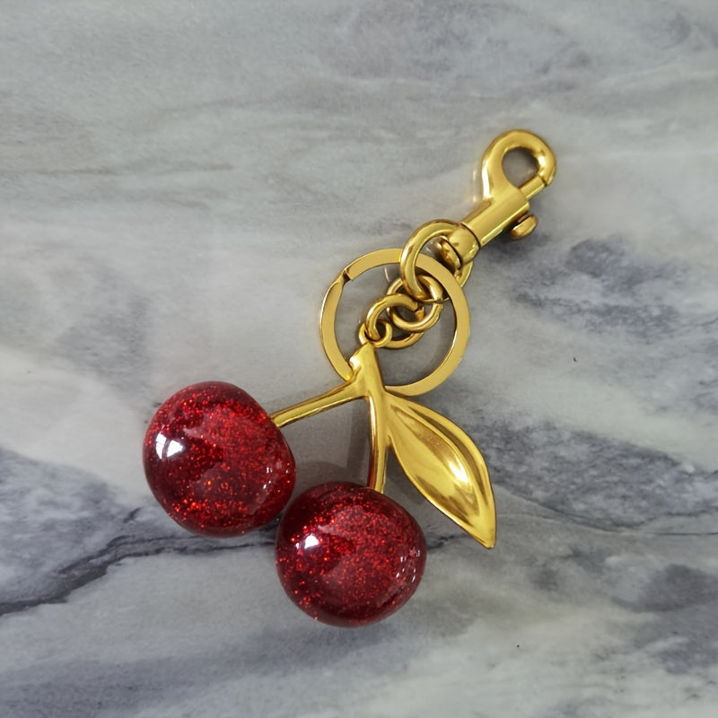 Glistening Cherry Fruit Keychain - Made of Alloy with Resin Pendant, featuring a Food-Inspired Circular Design, Adjustable C-Hook Clasp for Women's Purses & Handbags.