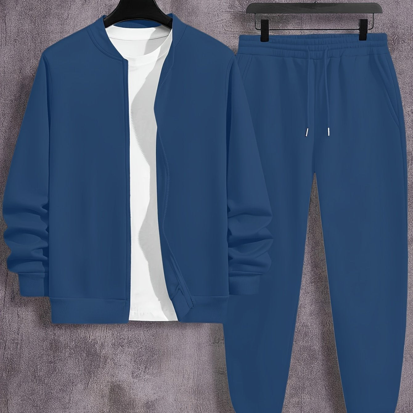 Men's plus size casual sweatsuit set with collared neck, polyester knit, solid color, regular fit.