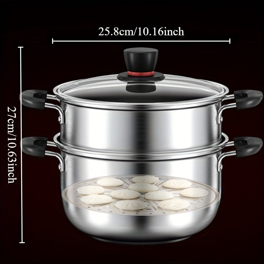 This multi-functional cooking pot is made of durable stainless steel and can be used for various cooking tasks such as making soup, steaming seafood, cooking noodles, and boiling milk. It is suitable for use on induction cookers and gas stoves, making it