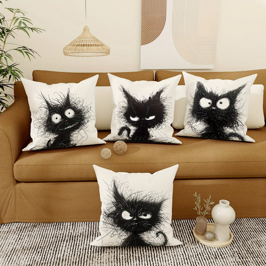 4pcs velvet throw pillow covers featuring funny cat designs in black and white. Perfect for living room or bedroom decoration, measuring 45.72cm*45.72cm, inserts not included.