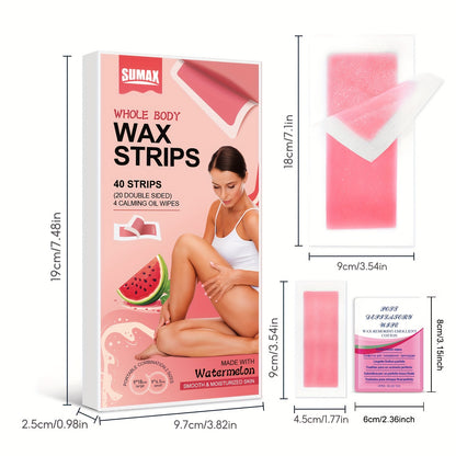 40/20 Watermelon Hair Removal Wax Paper Set with Large and Small sizes, includes Wet Wipes. Suitable for full body hair removal including armpits, legs, eyebrows, beards, and bikini area.