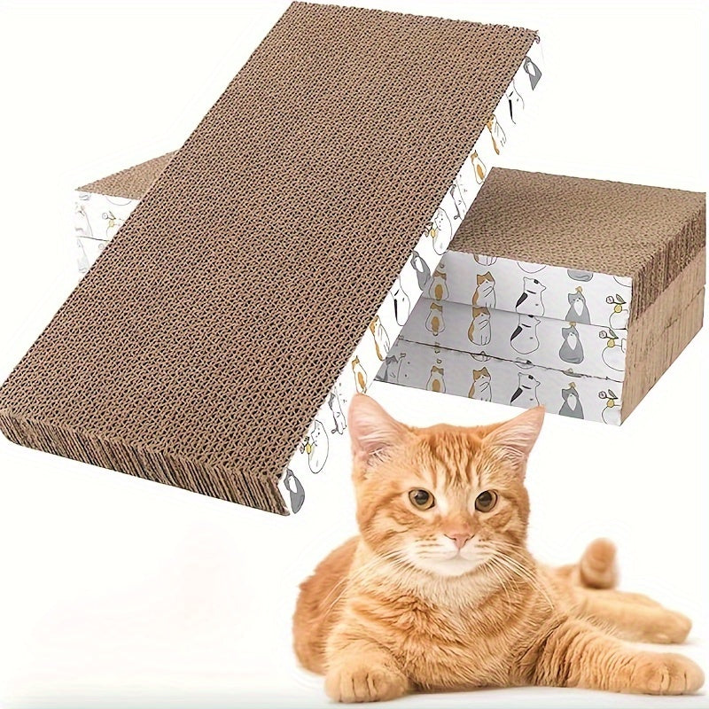 Durable cat scratcher pad made of extra-large corrugated cardboard, reversible with wave pattern, non-slip base, protects furniture and cares for cat's claws.