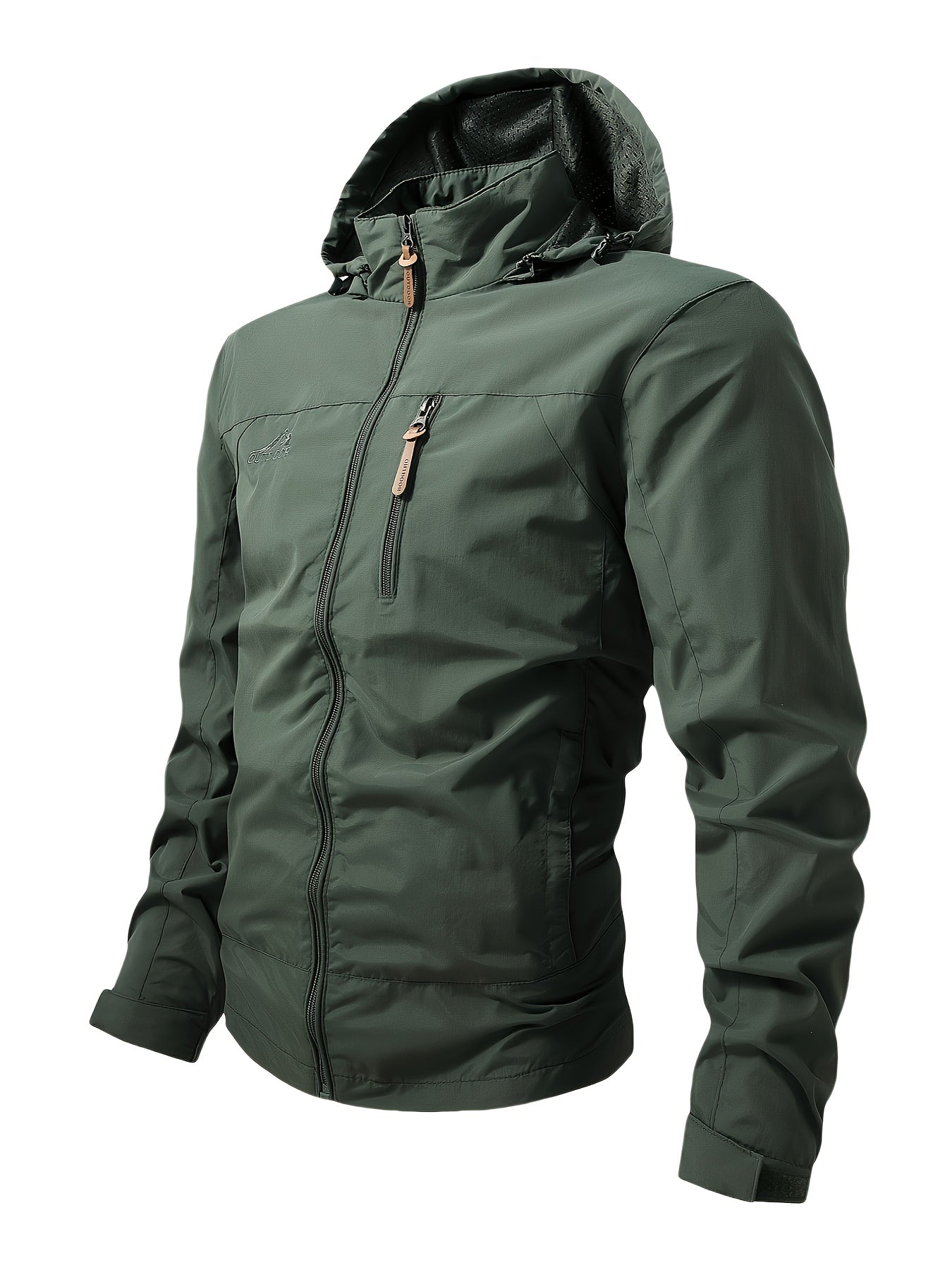 Men's waterproof, windproof jacket with embroidered design, multiple pockets, crew neck, regular sleeves, zipper placket, made of 100% polyester nylon.