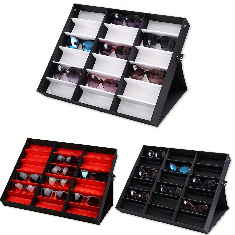 Upgraded 18-slot glasses organizer with clear lid, fabric lining, and snap close. Ideal for displaying glasses in stores.