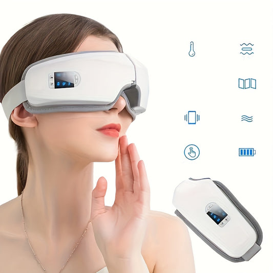 Portable eye massager with 4D massage modes, USB charging, and low voltage, made with formaldehyde-free materials for relaxation and stress relief.