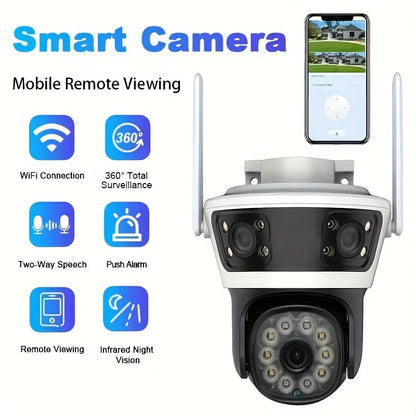 This surveillance camera features 1080p HD resolution, WiFi connectivity, night vision, two-way audio, motion detection, smartphone app control, and USB power. It has an irregular shape and does not require a battery, making it ideal for home security.