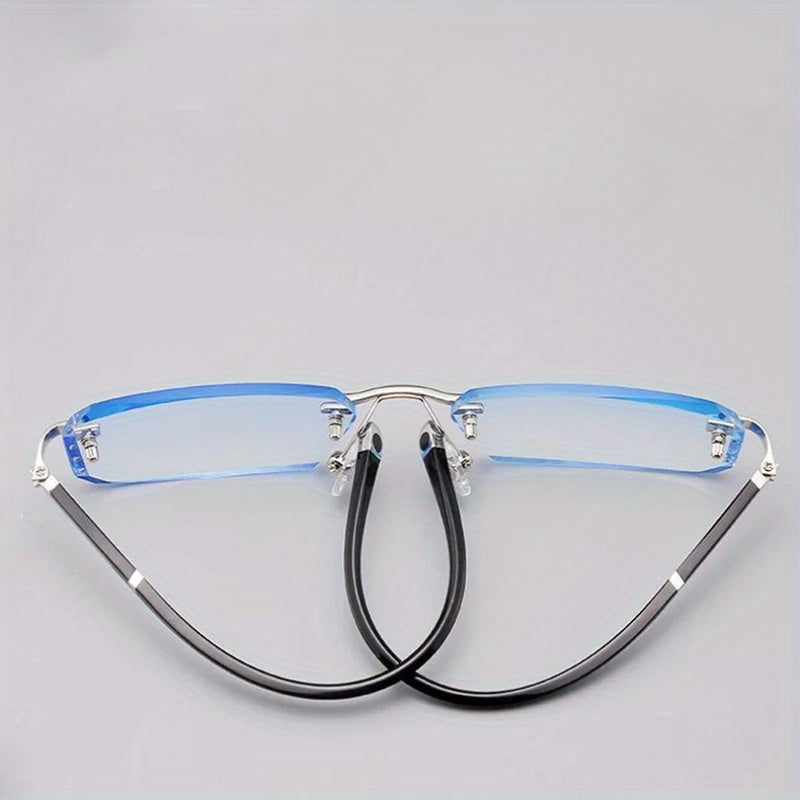 Unisex rimless cut edge glasses with anti-blue clear lenses for business.