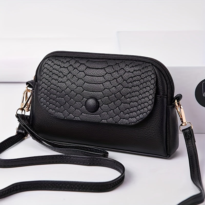 Stylish mini crossbody bag for women with removable strap and zipper closure. Suitable for commuting and shopping.