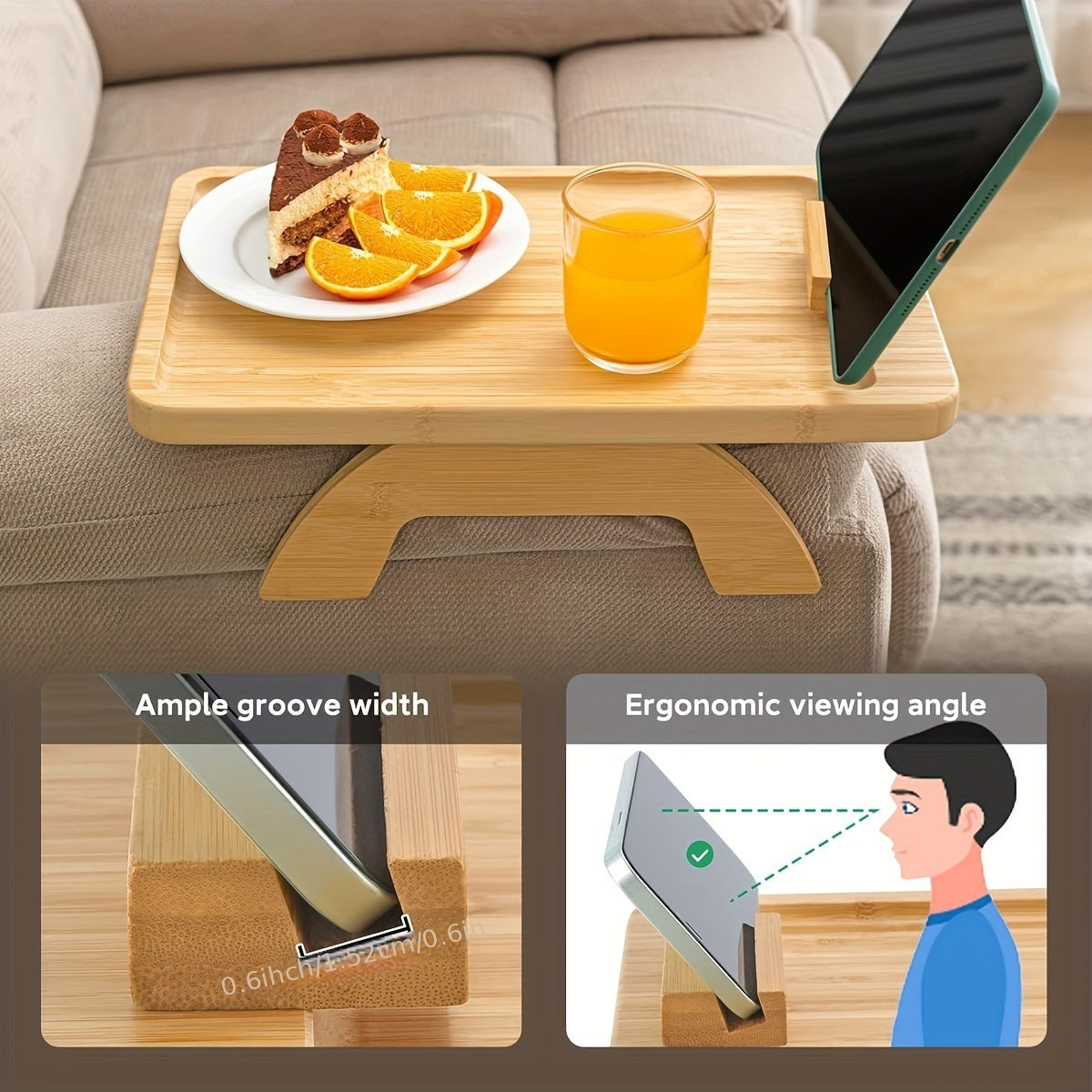 Armrest tray for sofa, adjustable with phone holder, perfect for eating, snacking, and controlling electronics