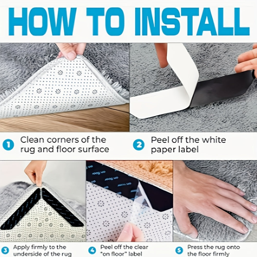 Get a set of 6 reusable double-sided carpet grippers with strong, washable, and traceless adhesive strips to secure floor mats in your home or office. These grippers seamlessly integrate with your indoor carpet for a secure solution, and the washable