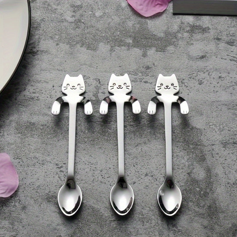 Adorable Stainless Steel Spoon Shaped Like a Cat, Stylish Long Handle Stirrer for Coffee, Tea, and Espresso, Made of 304 Stainless Steel, Beautiful Addition to Your Kitchen, Ideal for Christmas, Grandparents Day, Independence Day, Valentine's Day, Labor