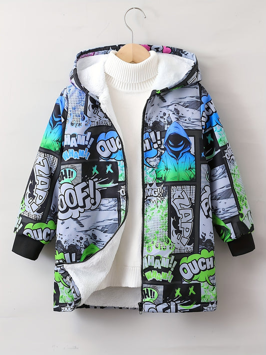 Boys' trendy hoodie with comic-style print and vibrant graffiti design for Fall/Winter.