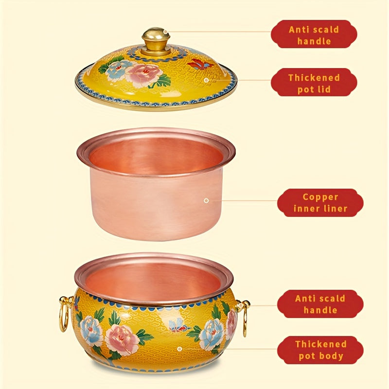 Jingtailan Single Serving Hot Pot - Copper Traditional Enamel Cookware, Induction Compatible, Enameled Pure Copper, Dishwasher Safe, No Electricity Required.