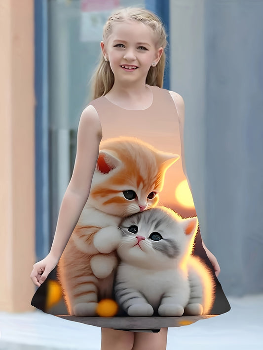 Illustrated kitten and sunset sleeveless dress for spring and summer outings.