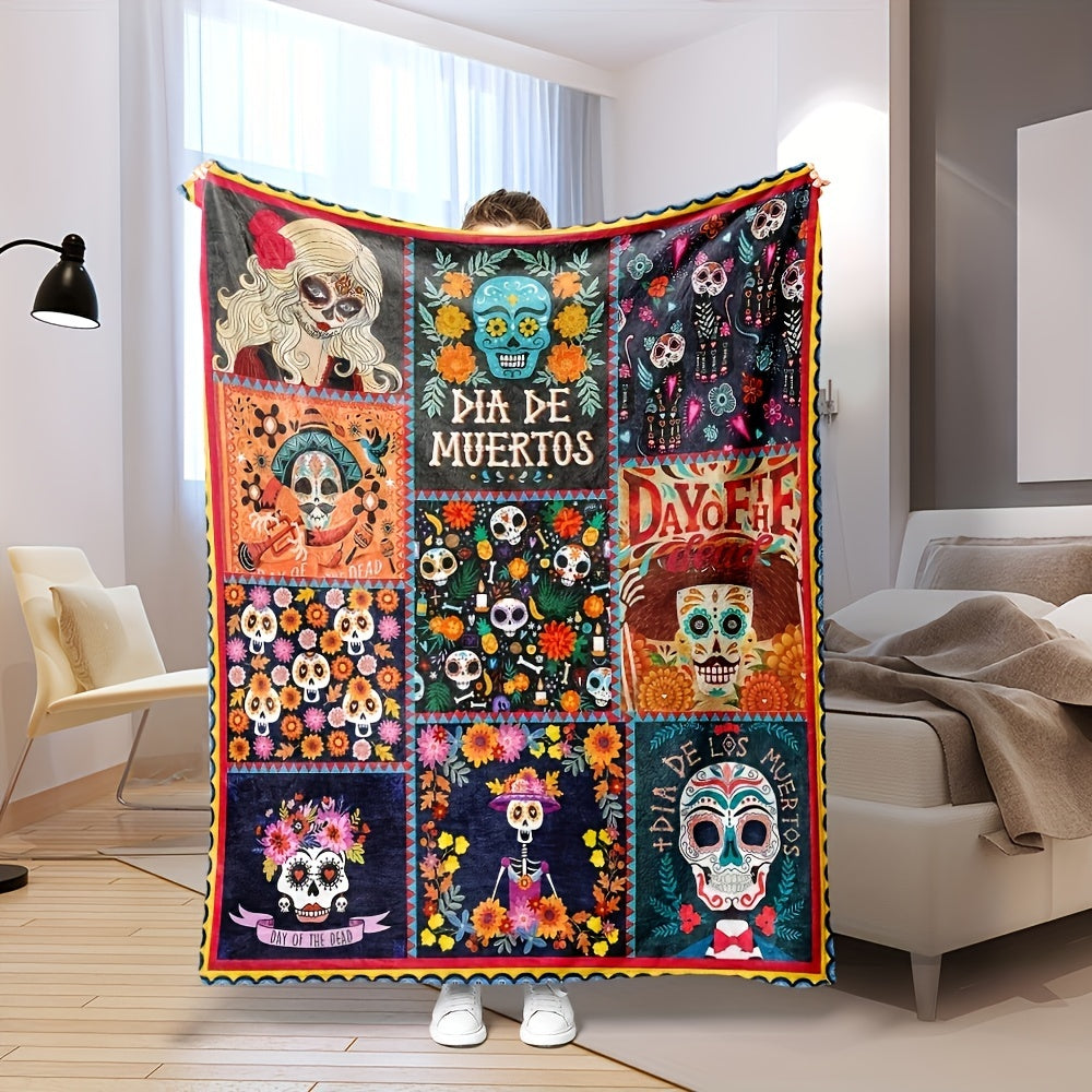 Stay cozy with our Vintage Dia de Muertos Printed Flannel Throw Blanket. This all-season blanket is stain and tear resistant, machine washable, and features a quilted digital print polyester design. The soft and warm blanket weighs 200-250g, making it