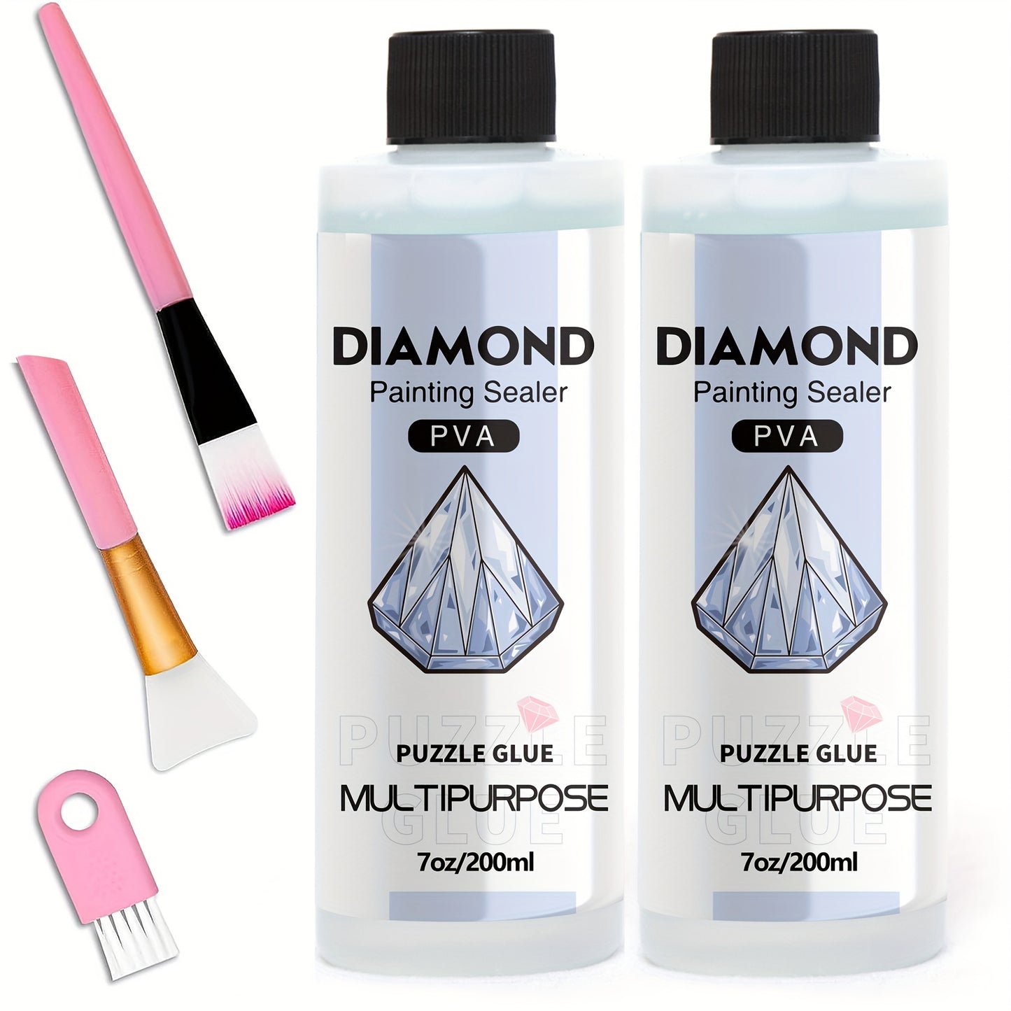 Diamond painting sealer with 3 brushes for permanent hold & shine effect on 5D diamond painting and puzzles, available in 60ml or 200ml.