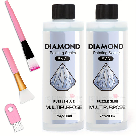 Diamond painting sealer with 3 brushes for permanent hold & shine effect on 5D diamond painting and puzzles, available in 60ml or 200ml.