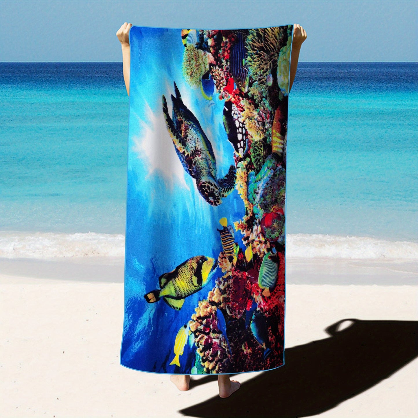 Tropical-themed microfiber beach towels (27.5”x 55”) with vibrant ocean prints. Quick-drying, soft, and absorbent. Ideal for swimming, surfing, yoga, camping, and fitness. Compact and lightweight.