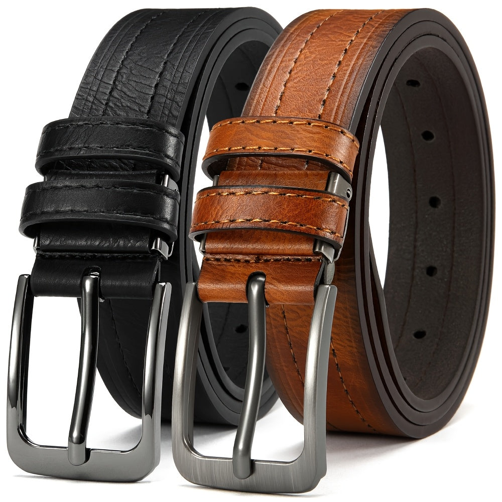 2 DOOPAI Men's Genuine Leather Belts - Adjustable 3.17cm Width, Classic Square Buckle, Ideal for Jeans & Dress Pants, Includes Gift Box - Black & Brown