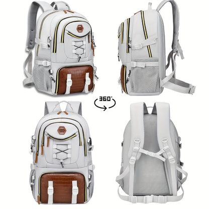 WEIXIER Men's Stylish Multifunctional Backpack in White & Brown with Large Capacity for Laptop, Travel, School & Work, Durable Nylon with Crocodile Texture - Perfect Gift for Friends &