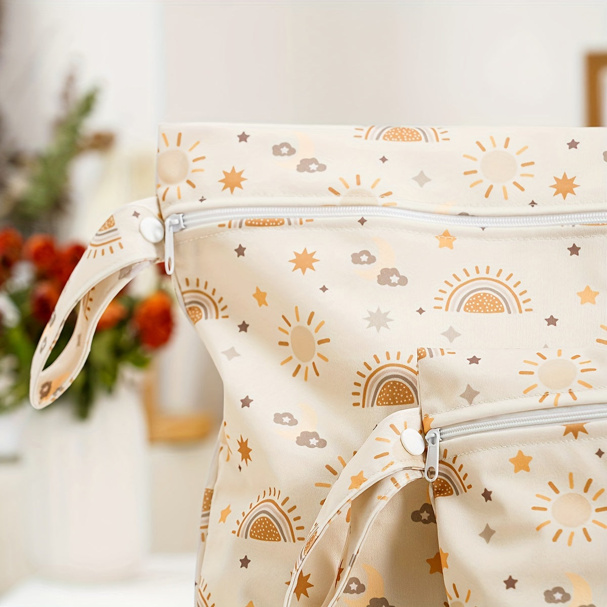 Two waterproof cloth diaper bags featuring dual pockets, reusable and stylish fashion prints ideal for travel, beach, pool, and daycare. Great for storing swimsuits and wet clothes.