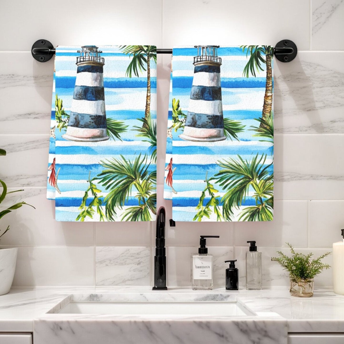 Set of 2 Tropical Lighthouse & Palm Tree Kitchen Towels - Made of Absorbent Polyester for Drying Dishes, featuring a Nautical and Beach Design. Perfect for Home Decor or Housewarming Gifts, but Hand Wash Only.