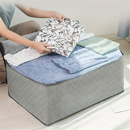 Large capacity storage bag for quilts, household clothes, and RV use. Foldable and non-woven material.