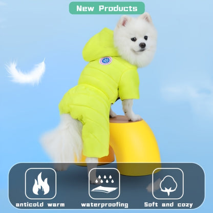 Winter dog jacket for small to medium breeds - waterproof, warm, and windproof with anticold insulation. Yellow hooded design with soft polyester lining. Machine washable.