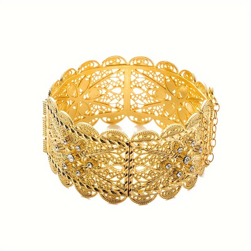 Exquisite Vintage-Inspired Bridal Bangle in Gold Plating with Intricate Hollow Carved Design and Sparkling Cubic Zirconia Details - Ideal for Weddings and Formal Events