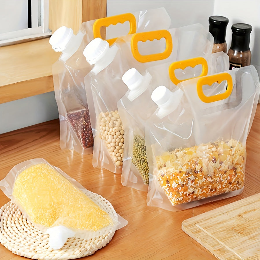 Five reusable food storage bags with vacuum seal, moisture-proof technology, perfect for keeping grains, flour, and beans fresh. Made from BPA-free plastic, these bags are hand washable and a great kitchen organizer.