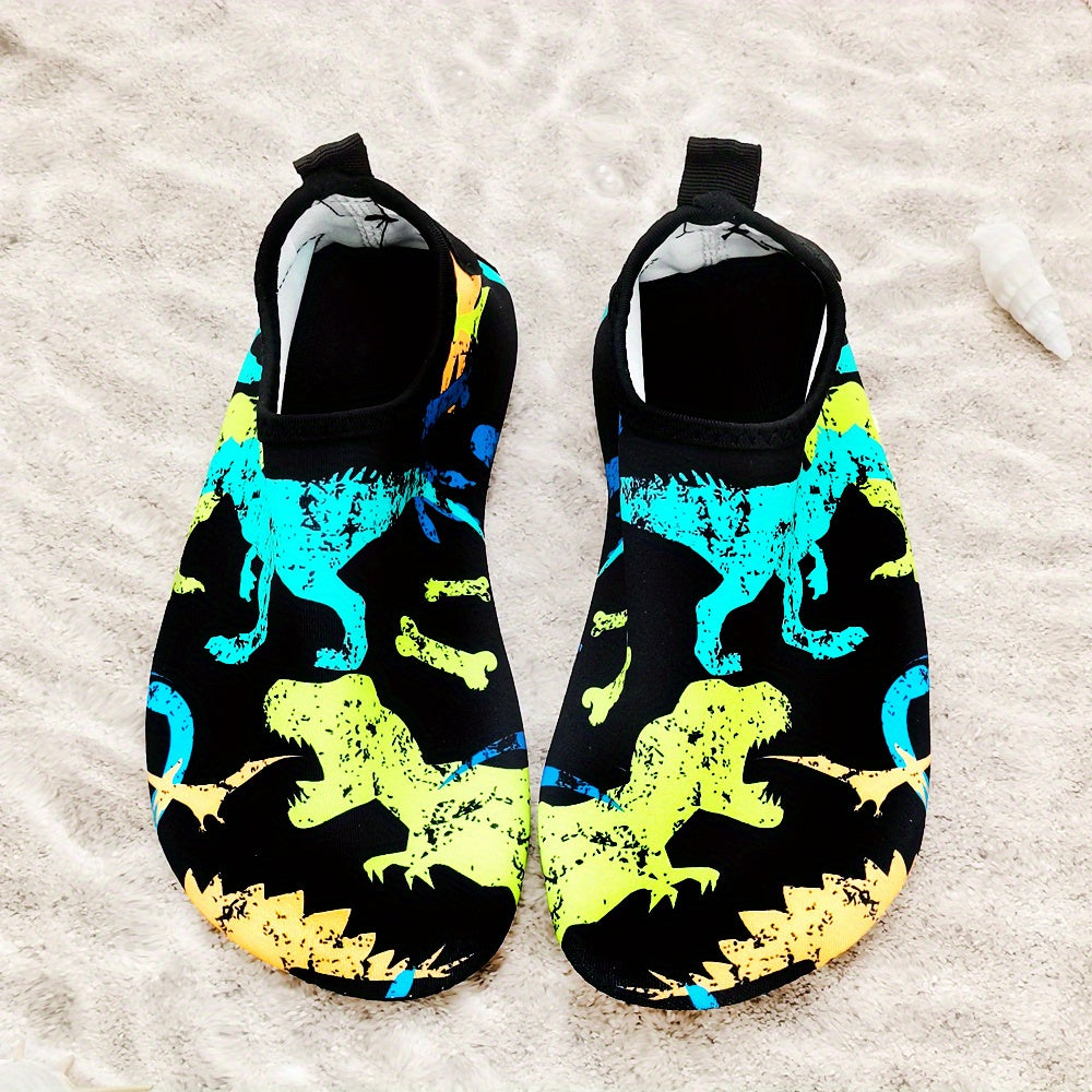 Toddler Boys Dinosaur Beach Shoes, Lightweight Water Shoes for Swimming and Surfing, in Black and Blue for Little Kids and Big Kids.