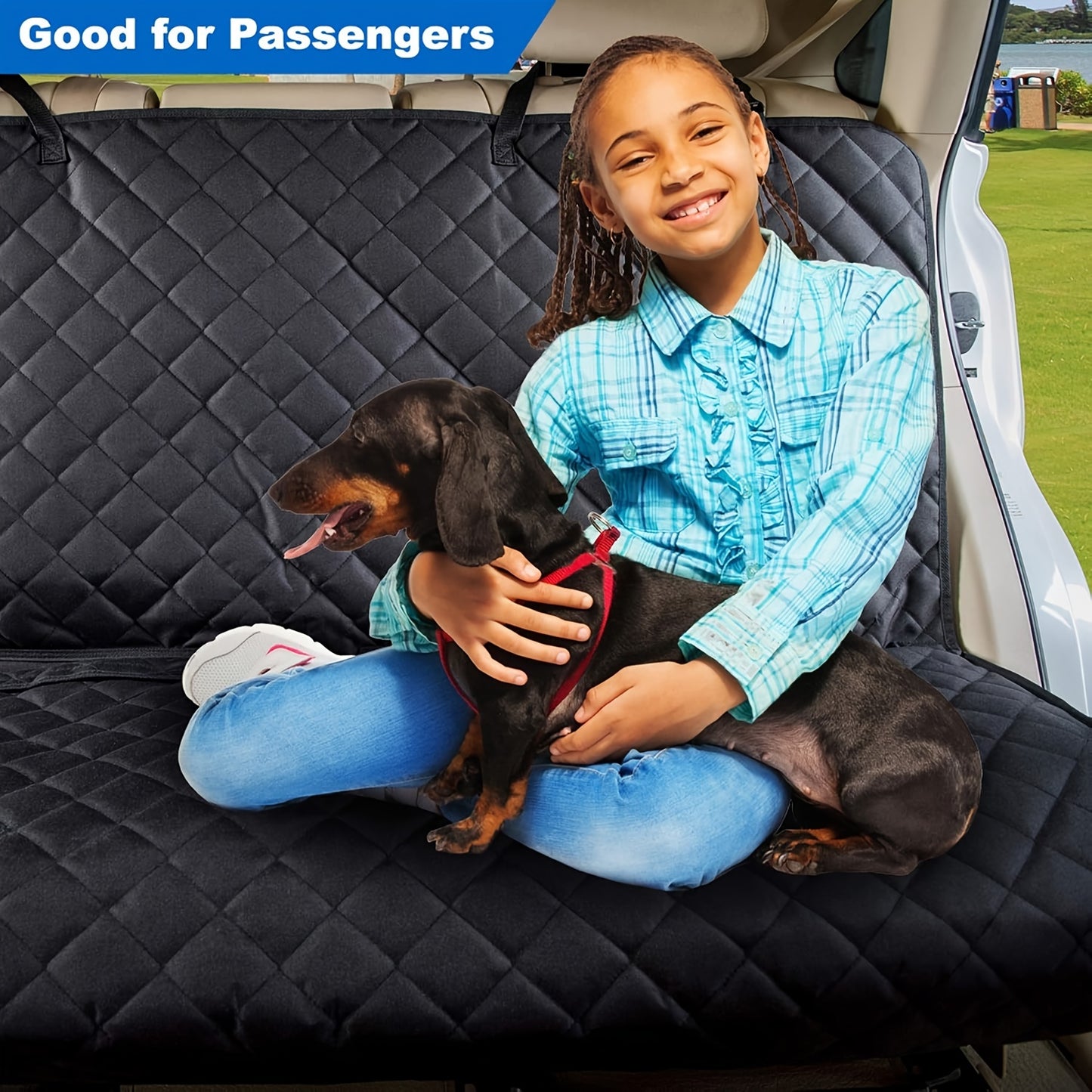 Multifunctional dog car seat cover is waterproof, durable, and versatile. Fits securely in cars, trucks, and SUVs.