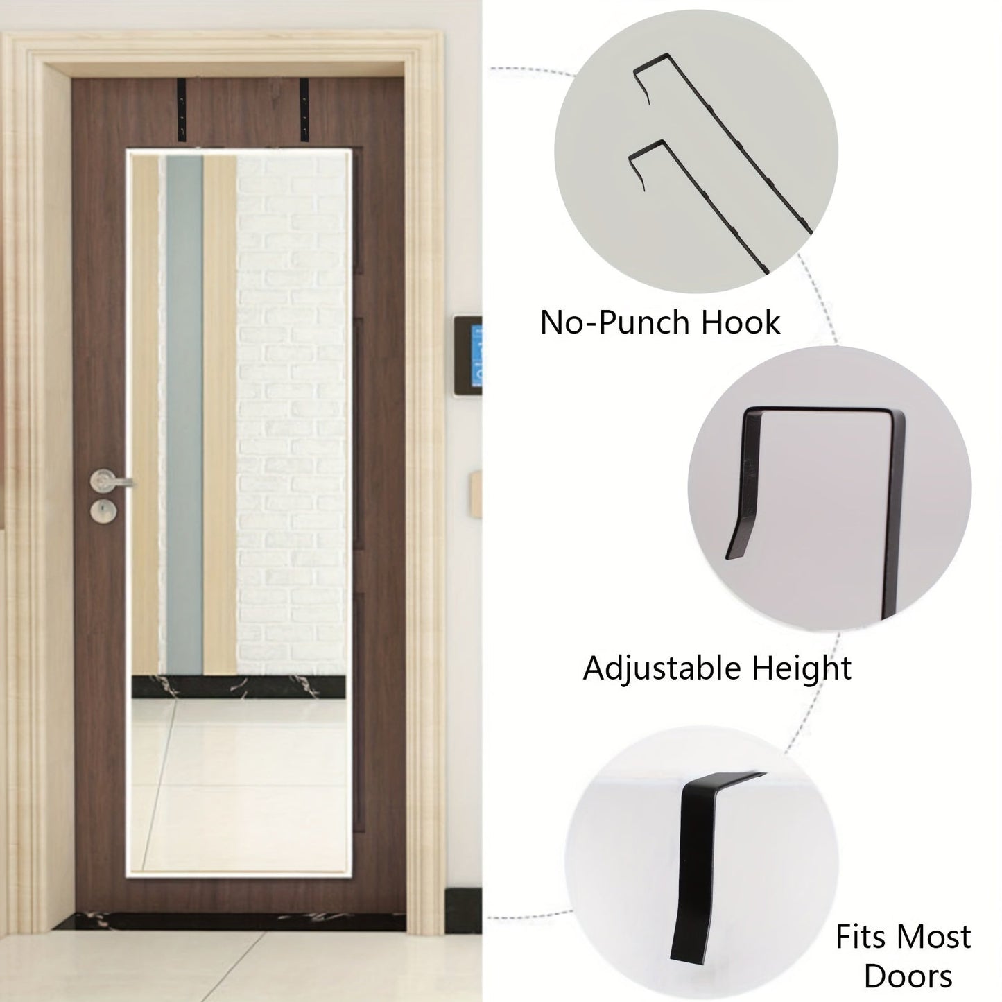 Elegantly Black Adjustable Mirror Hanger Set for Over-the-Door Installation - Sturdy Iron Material, Simple to Install, Holds Up to 9.07KG, Compatible with Most Doors (4.32cm)