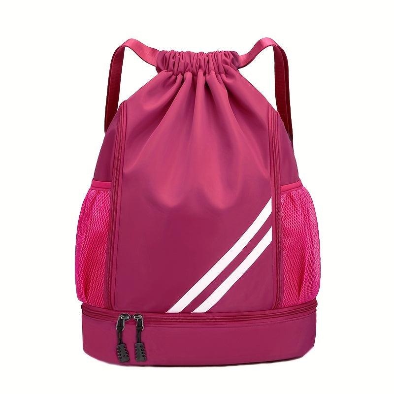 Polyester drawstring gym bag with practical pockets, perfect for basketball, outdoor activities, travel, swimming, hiking, and climbing.