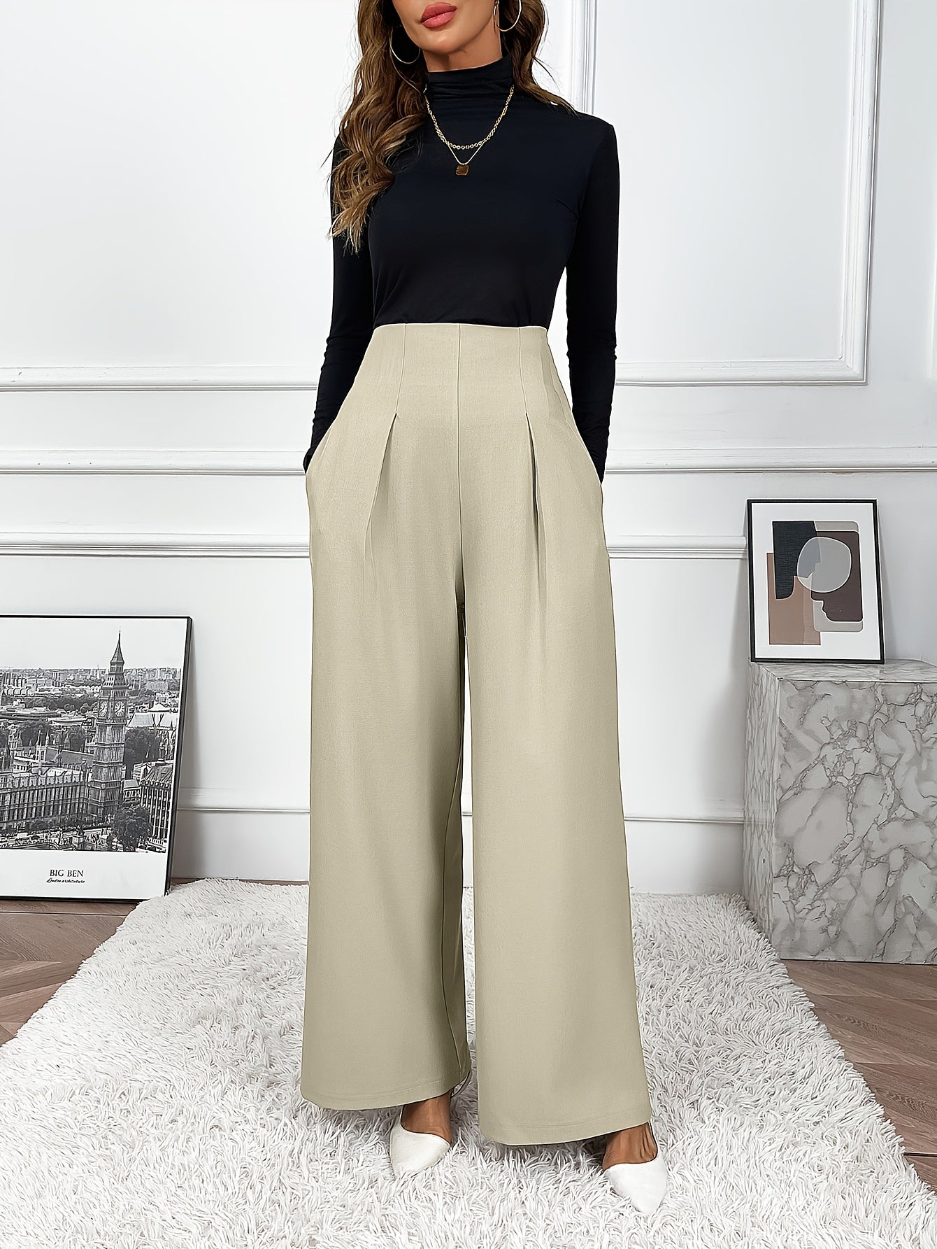 Women's wide leg pants in solid color, made from polyester elastane blend with pocket details for casual wear in spring and summer.