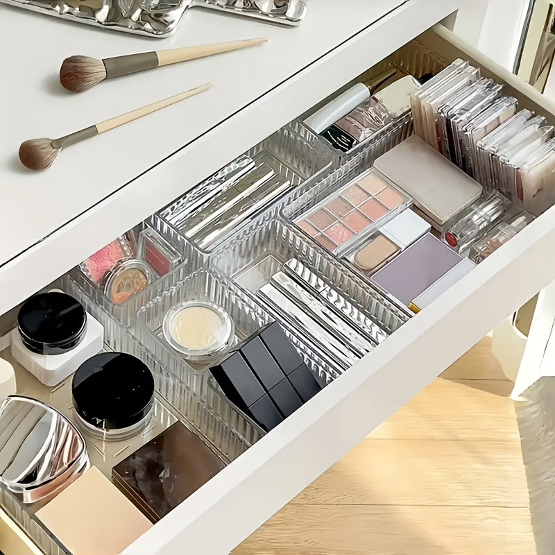 Acrylic Transparent Water Ripple Set in 3pcs, 7pcs, or 8pcs. Stackable for easy display and drawer storage. Suitable for cosmetics and toiletry storage.