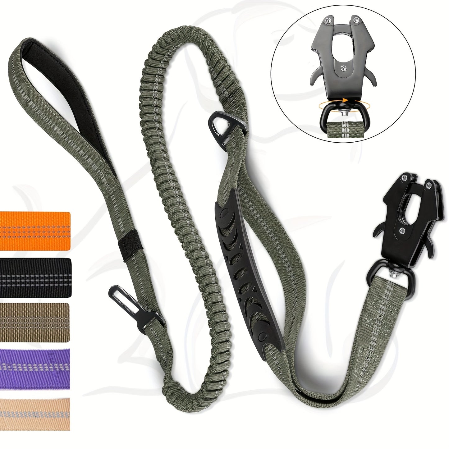 Durable tactical bungee dog leash with quick release carabiner, reflective design, and car seatbelt attachment for medium to large dogs in khaki, black, army green, and orange.