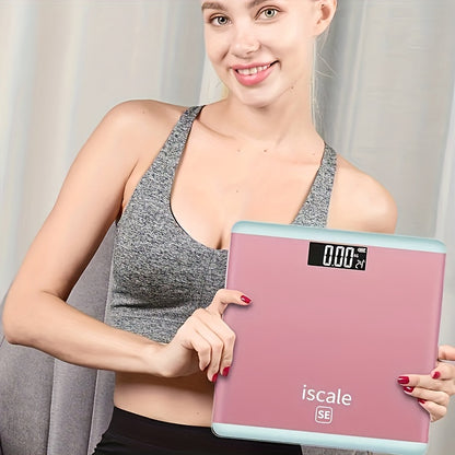 High precision digital body scale with tempered glass, temperature display, and battery operated. Batteries not included. Ideal for home health and fitness.