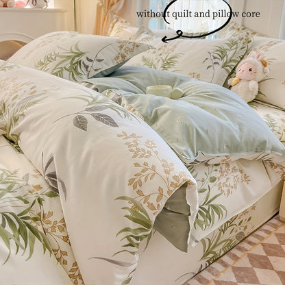 Set of 3 100% Cotton Duvet Cover (1*Duvet Cover + 2*Pillowcase, Without Duvet Insert), Featuring Fresh Botanical Plant Print Bedding. Soft, Comfortable, and Skin-Friendly Duvet Cover Suitable for All Four Seasons. Perfect for Bedroom or Guest Room Use.