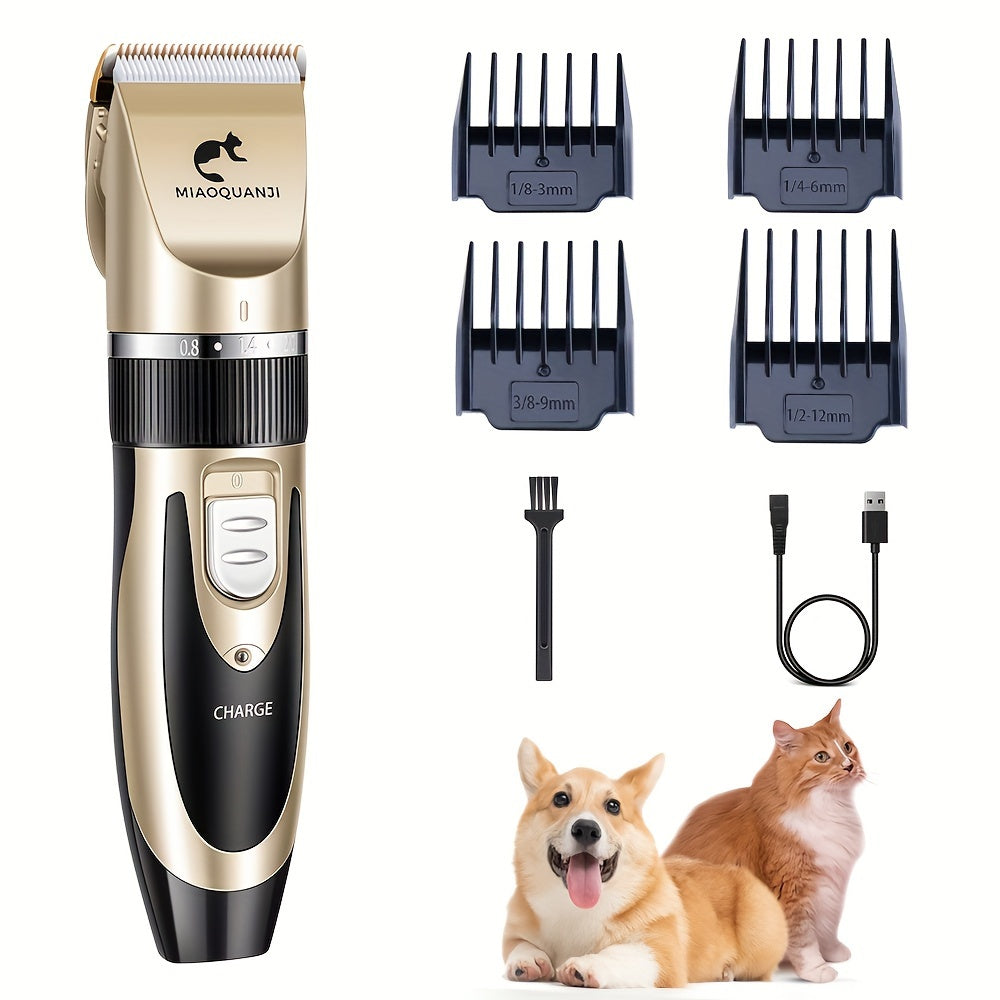 Silent, rechargeable grooming kit for dogs and cats. Includes low-noise clippers, 5 attachments, LCD display, and cleaning brush. Ideal for small to large pets.