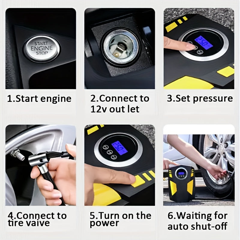 Portable tire inflator with digital gauge, LED light, and safe night use for cars and bikes.