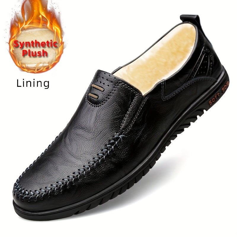 Men's black loafers with split leather upper, soft sole, and casual style suitable for all seasons. Features PU inner lining and rubber outsole.