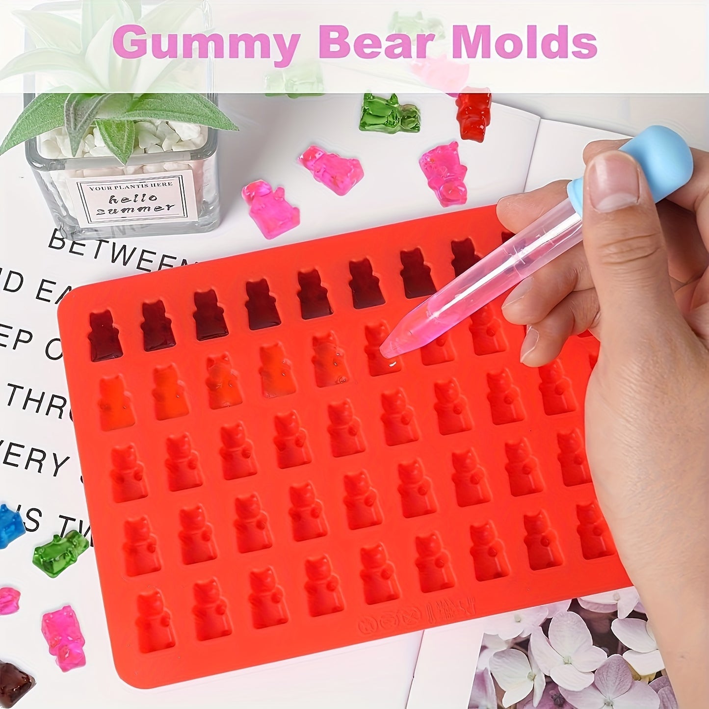 50-cavity silicone gummy bear molds for candies, chocolates, jelly, and dog treats, flexible and heat-resistant.