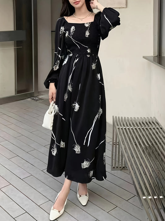 Elegant Floral Print A-Line Dress: Square Neck, Long Sleeve, Non-Stretch Polyester Blend, Machine Washable - Ideal Year-Round Wear