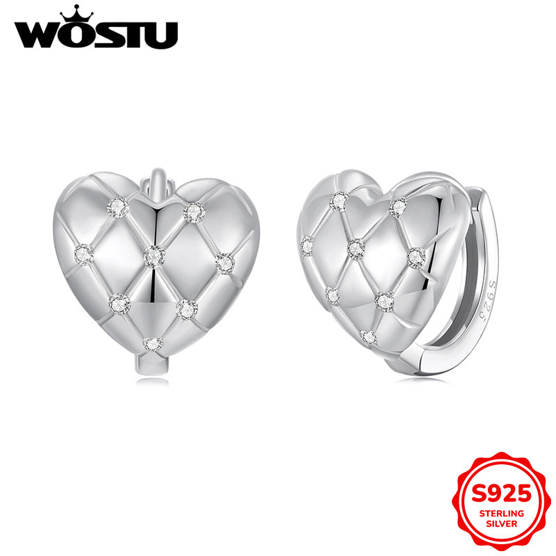 Adorable Pair of Japanese & Korean Inspired Heart & Checkered Pattern Sterling Silver Earrings with Synthetic Zirconia, Ideal for Hypoallergenic Women's Fashion Jewelry, Great for Everyday Wear or as a Valentine's Day Gift