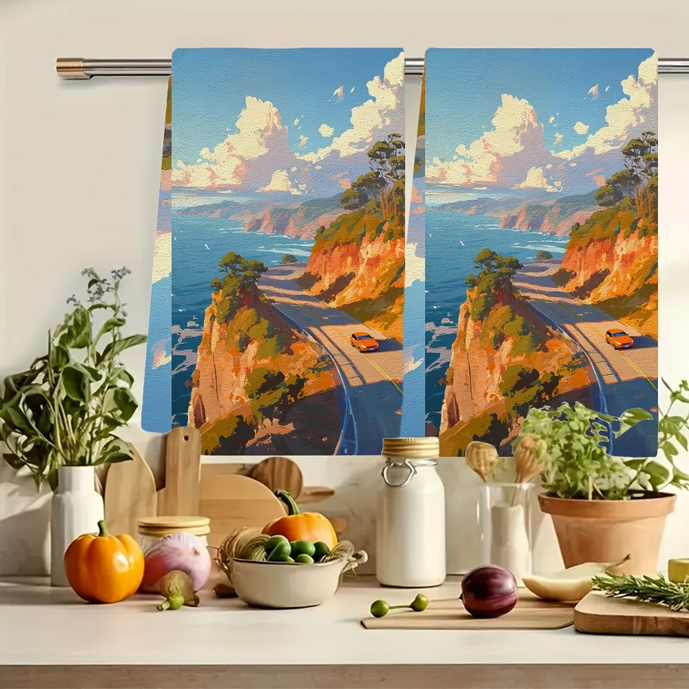 2 pieces of luxurious kitchen towels, perfect for a scenic drive along the coast. These ultra soft and highly absorbent dish hand towels are ideal for holiday decor. Easily machine washable and measuring 16x24 inches each. Item number: 2KYSMF1214220