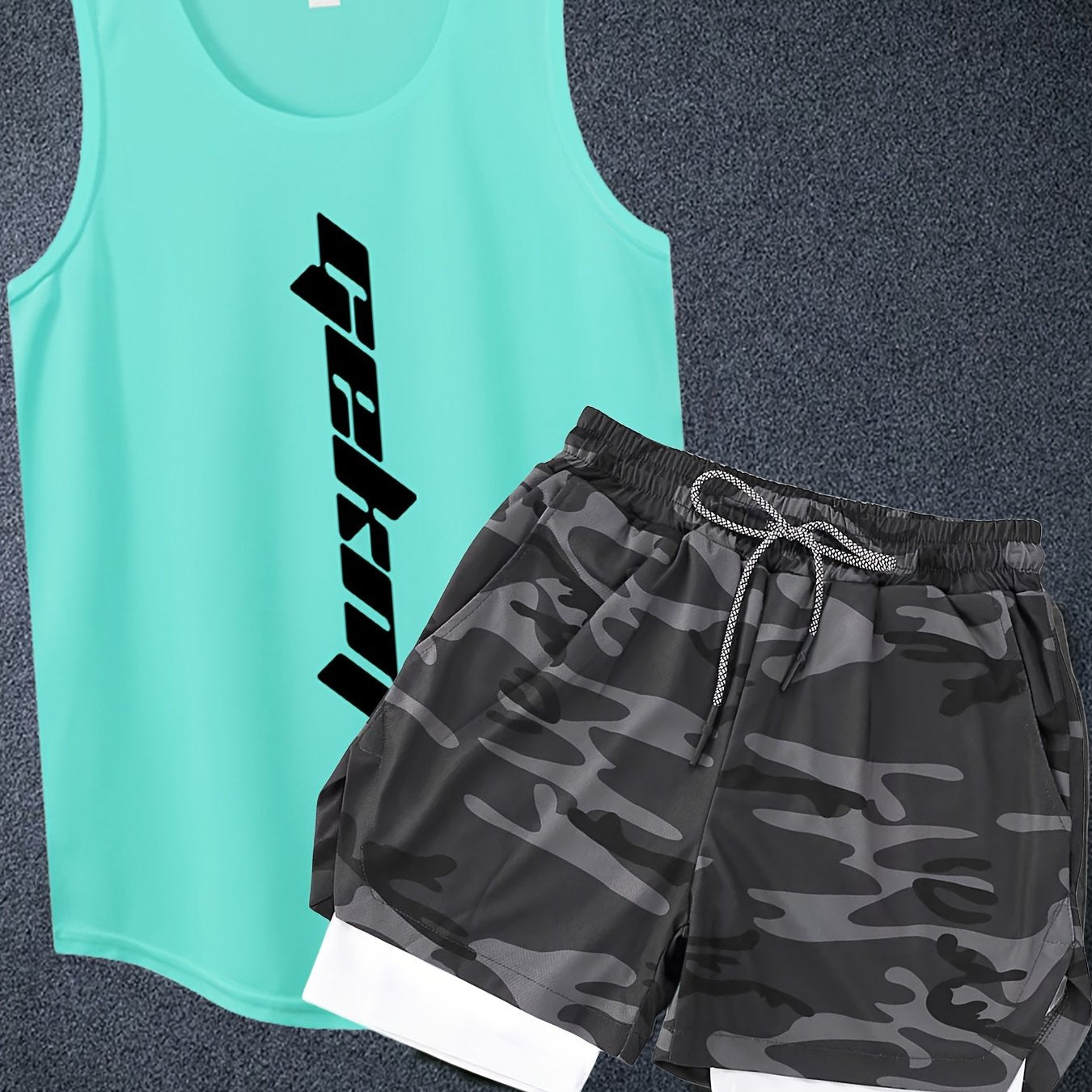 Men's 2-piece basketball outfits with letter print, casual graphic tank top and loose drawstring 2-in-1 shorts set.